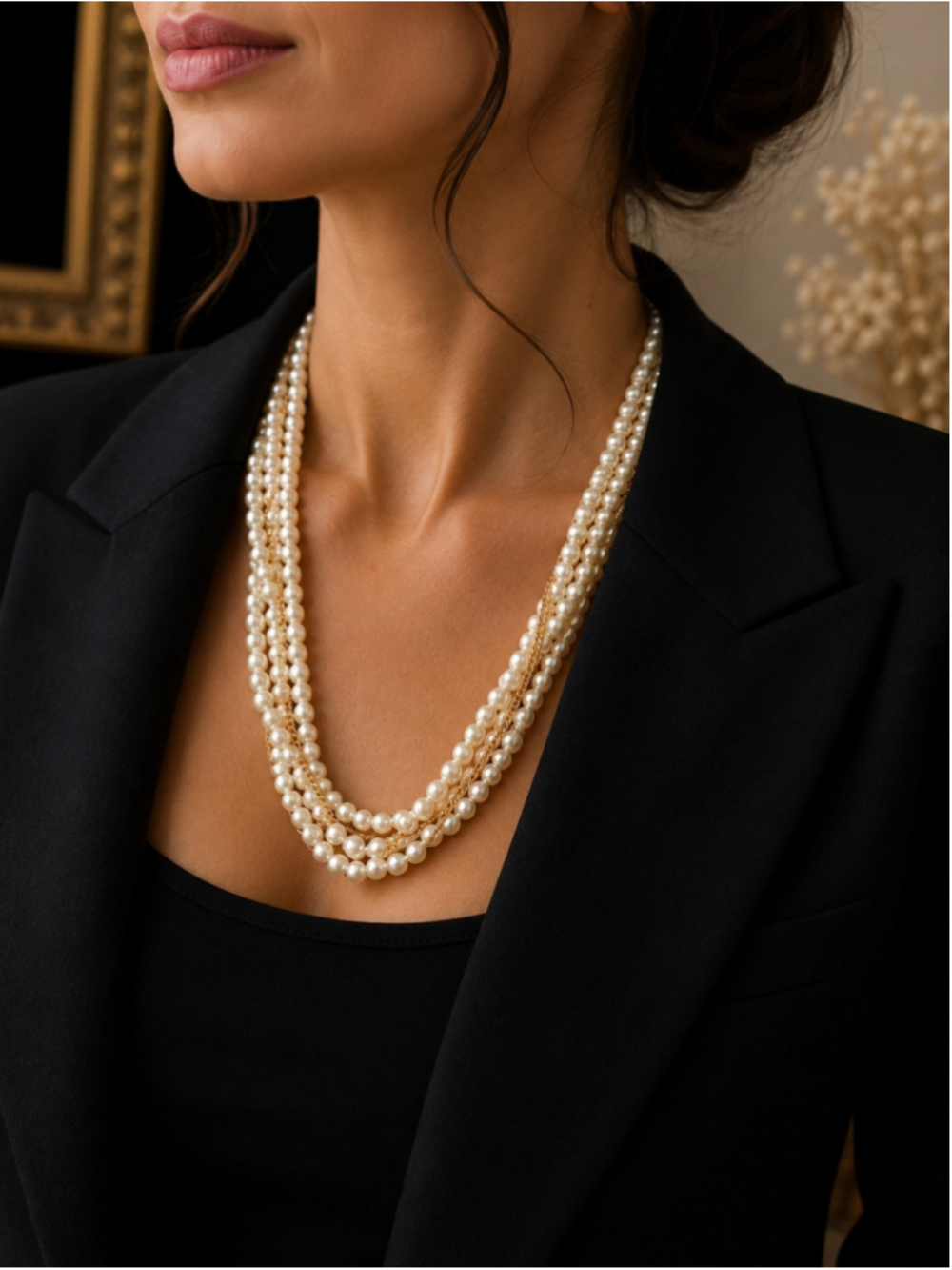 Vintage Multi Strand Faux Pearl Gold Tone Chain Statement Necklace Wedding